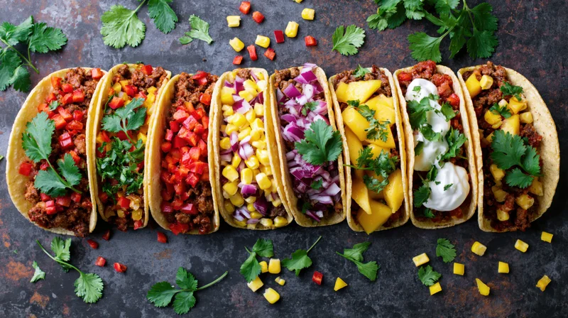 Eight tacos arranged in a row on a dark surface, each filled with different toppings including beef, corn, pineapple, red peppers, onions, and cilantro