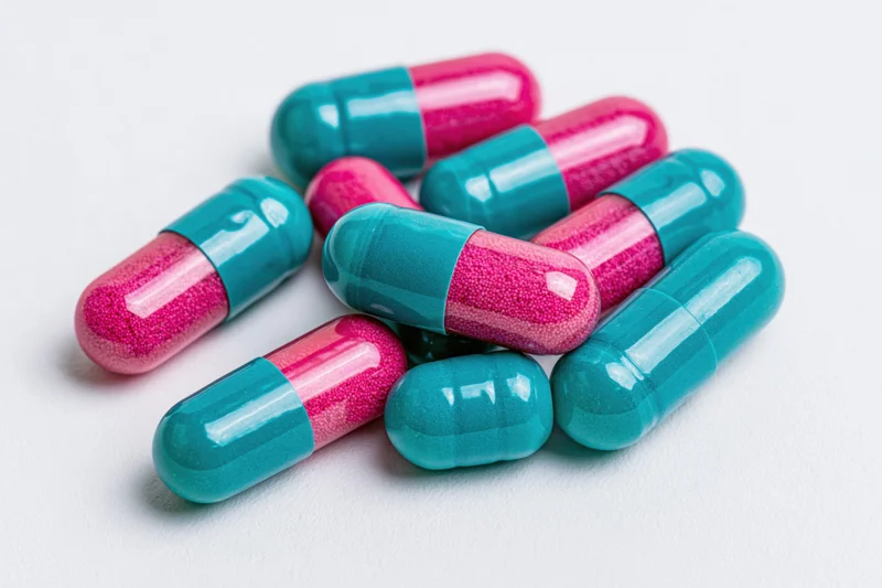 Scattered two-tone pharmaceutical capsules on white surface
