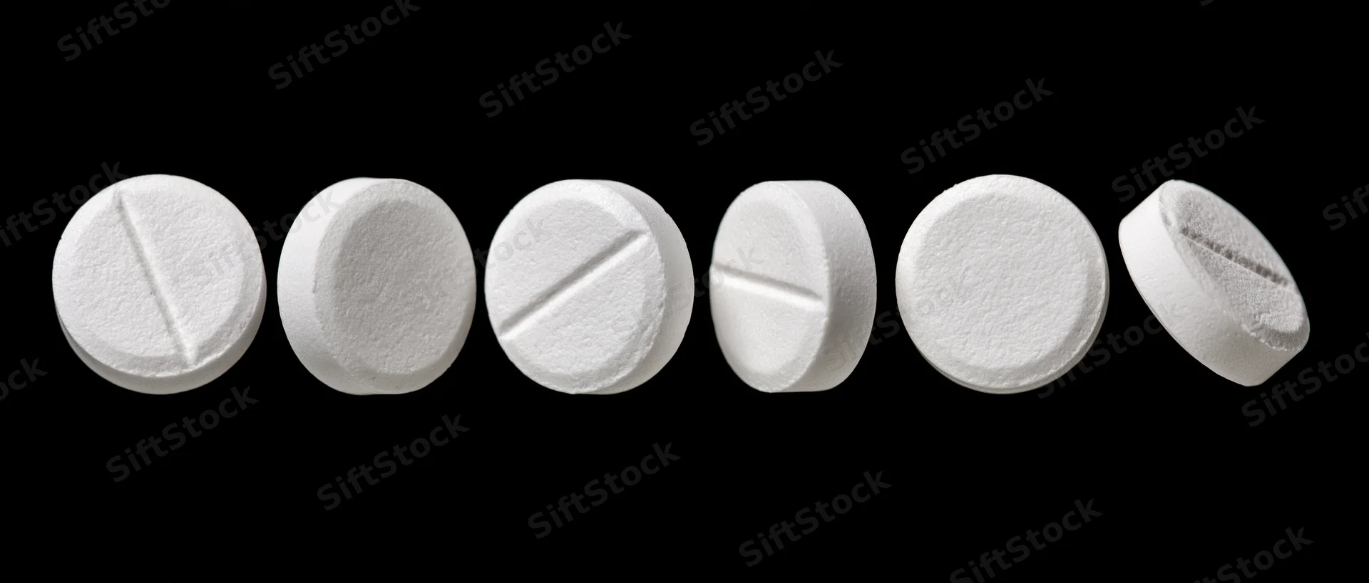 Six white round pharmaceutical tablets arranged in a row on black background