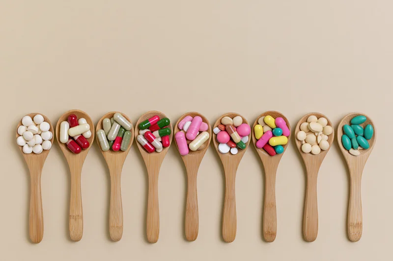 Eight wooden spoons each holding different colored pills arranged in a row on a beige background