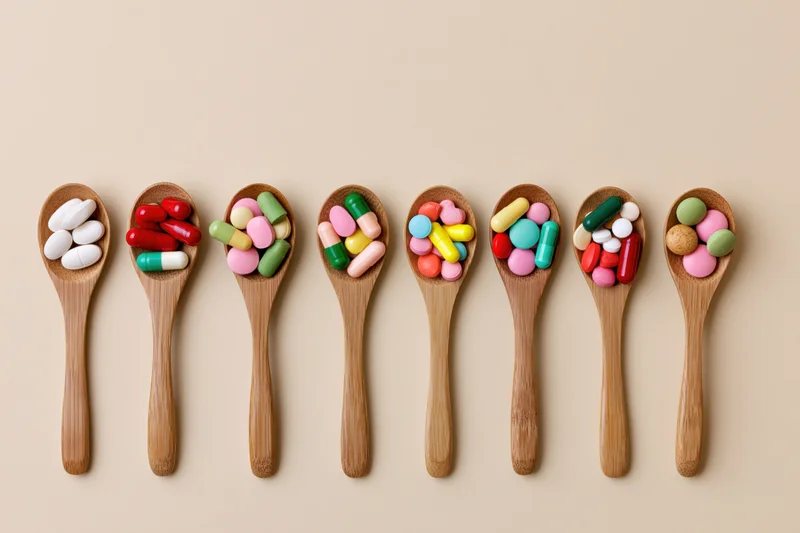 Eight wooden spoons each holding colorful pills arranged in a row on a beige surface