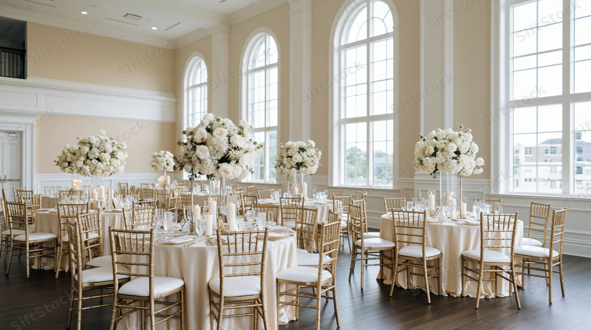 Wedding reception ballroom with round tables set for dining and white floral centerpieces
