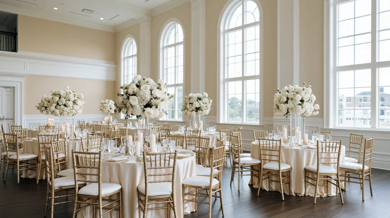 Wedding reception ballroom with round tables set for dining and white floral centerpieces