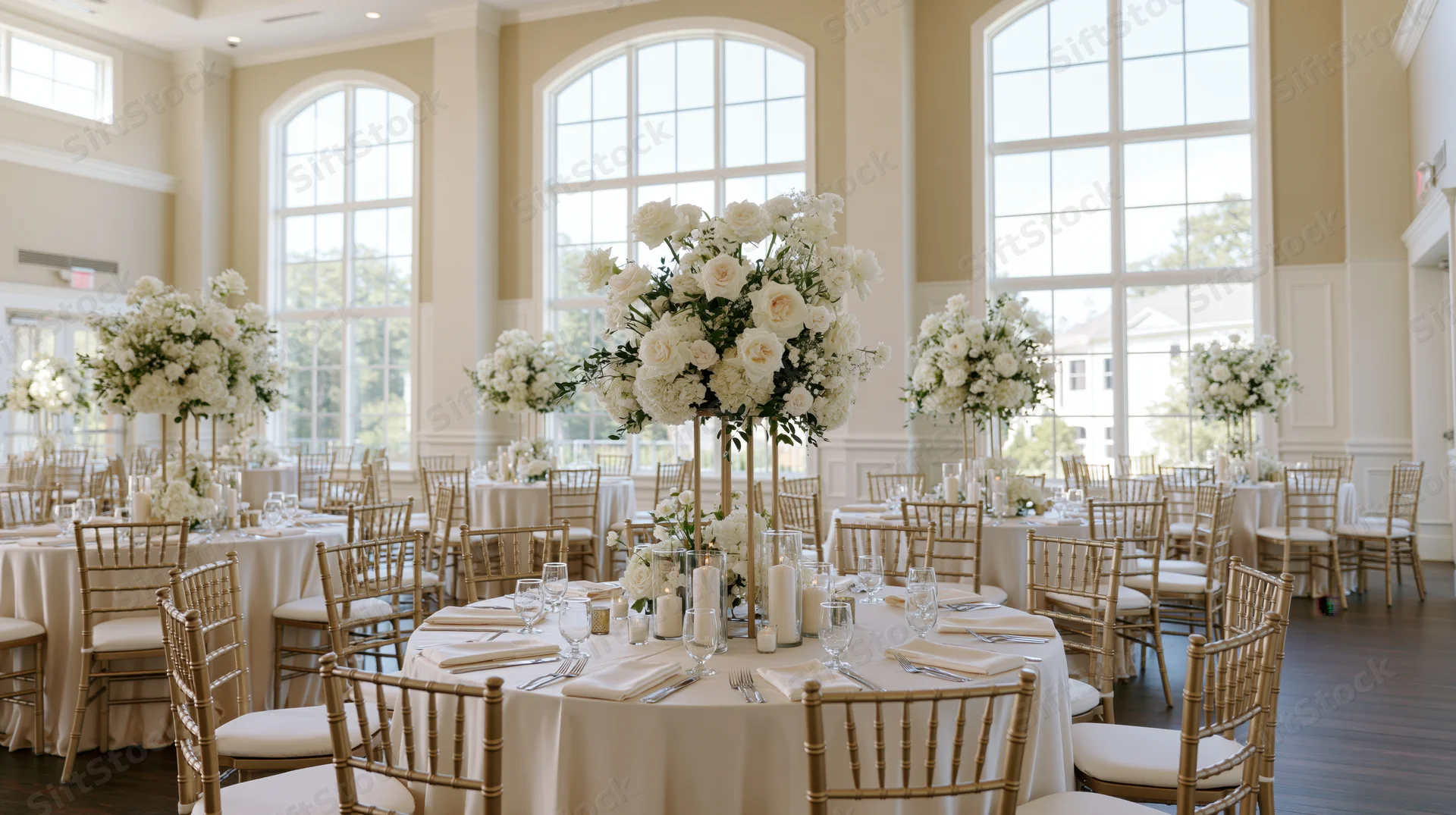 Elegant wedding reception ballroom with round tables set for dining, tall white floral centerpieces, gold chiavari chairs, and large arched windows letting in natural light