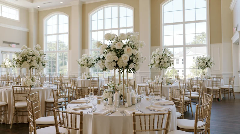 Elegant wedding reception ballroom with round tables set for dining, tall white floral centerpieces, gold chiavari chairs, and large arched windows letting in natural light