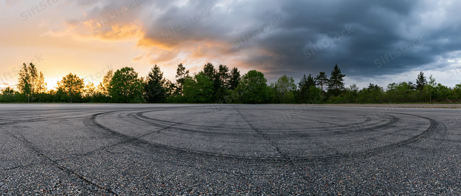 Curved tire skid marks on empty asphalt racing circuit at sunset with trees and cloudy sky in background