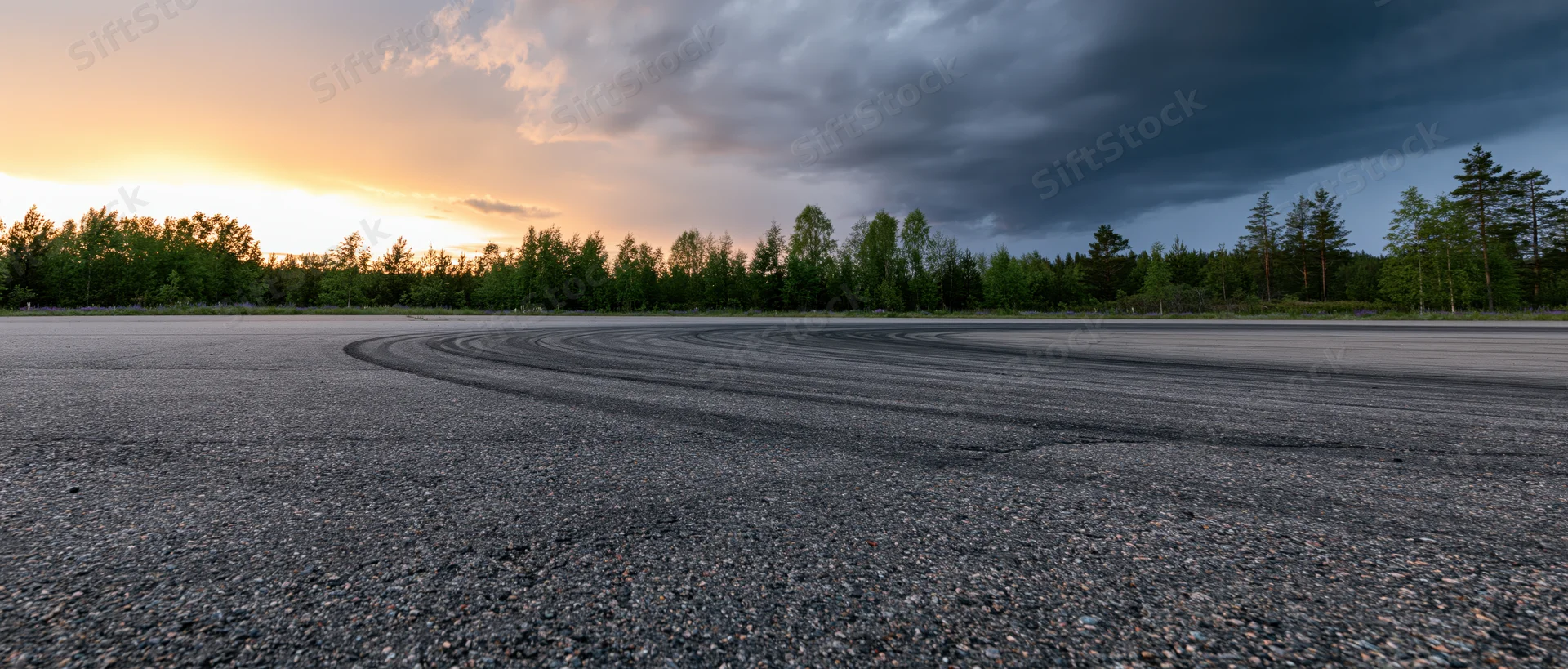 Curved tire skid marks on empty asphalt racetrack at sunset with stormy sky and forest in background