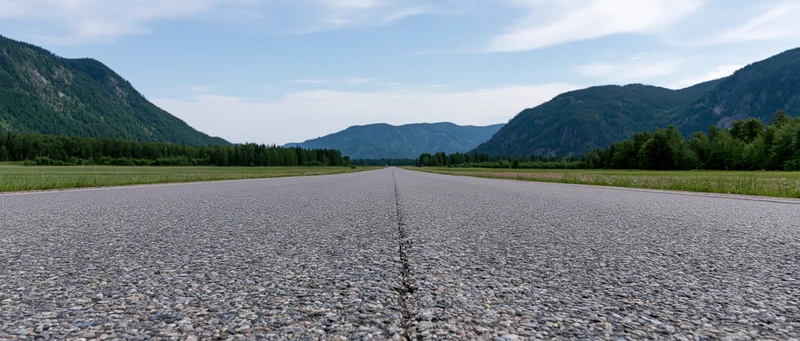 Straight asphalt road stretching toward distant mountains through a green valley