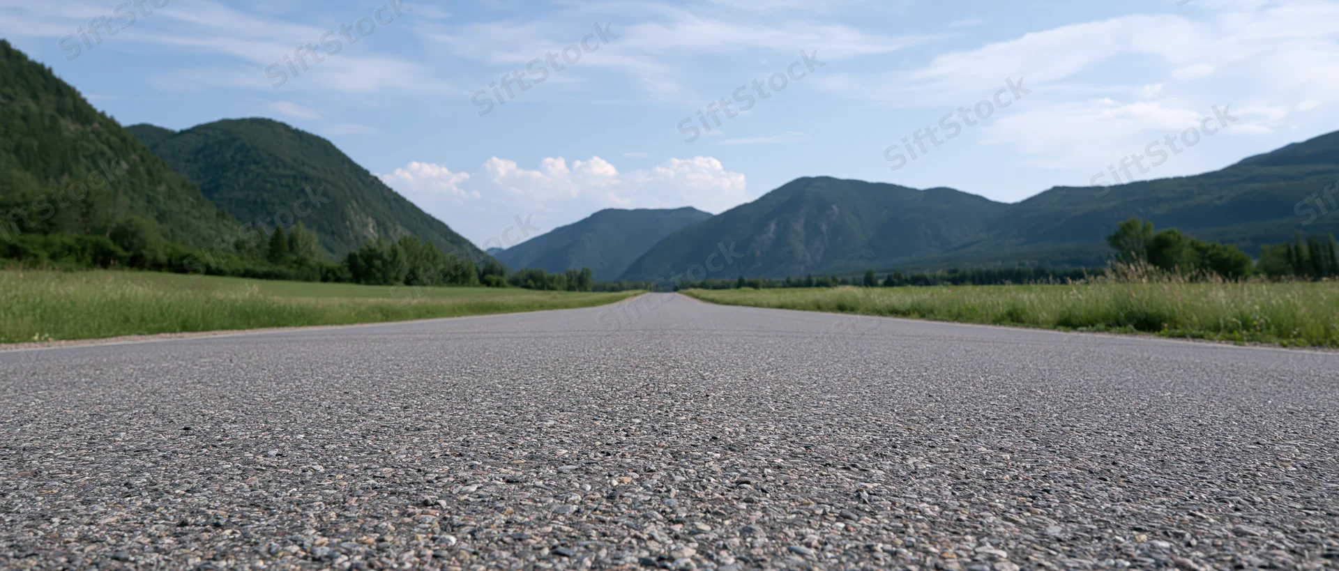 Straight asphalt road stretching toward distant mountains through a green valley