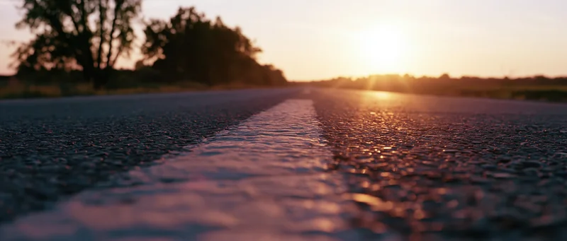 Empty asphalt road stretching toward the horizon at sunset with white line and trees in silhouette