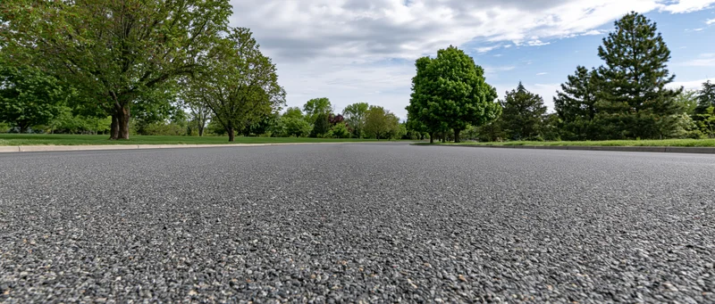 Low-angle view of empty asphalt road stretching into park landscape with trees and sky