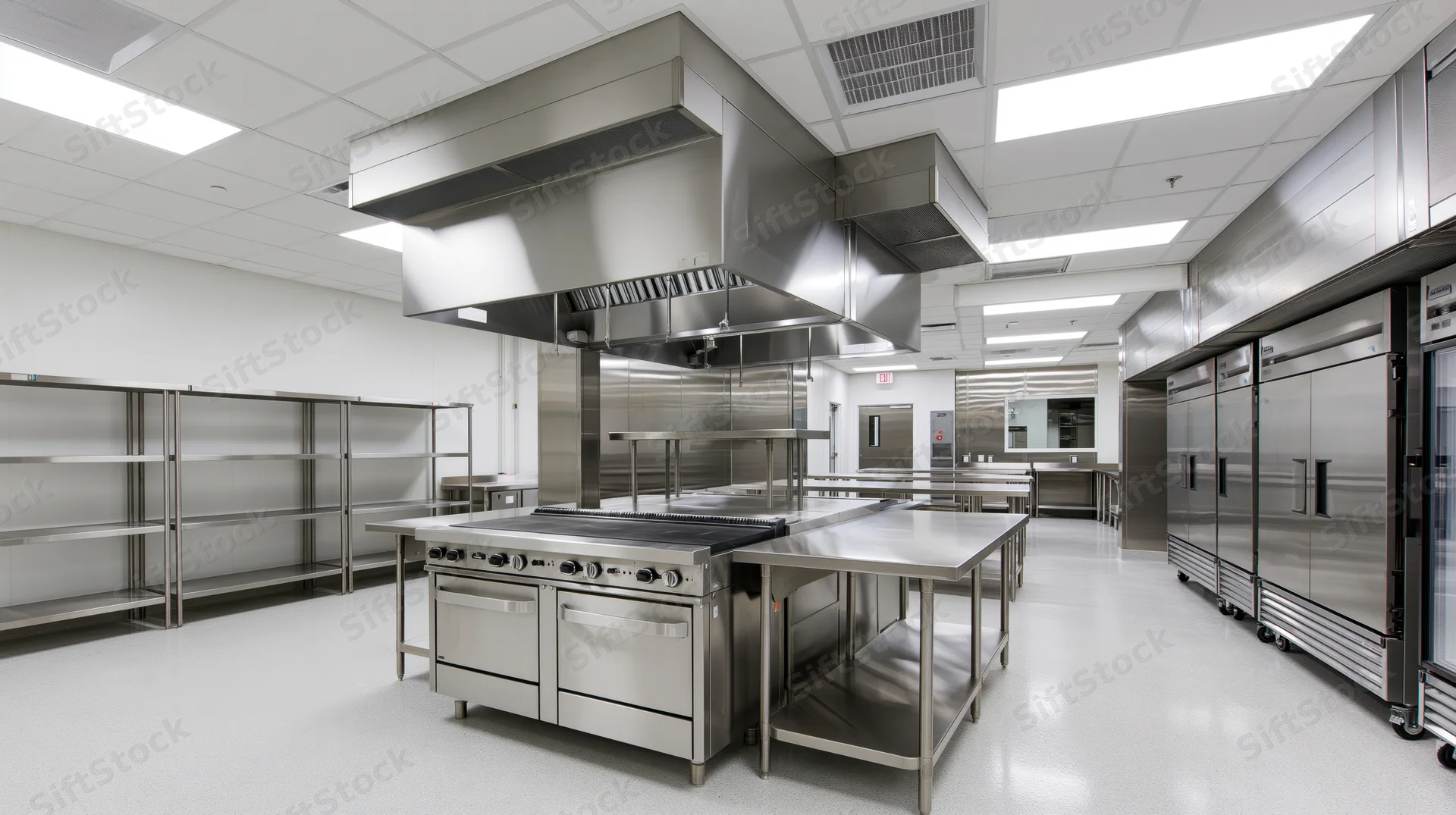 Empty commercial kitchen interior with stainless steel appliances and workstations