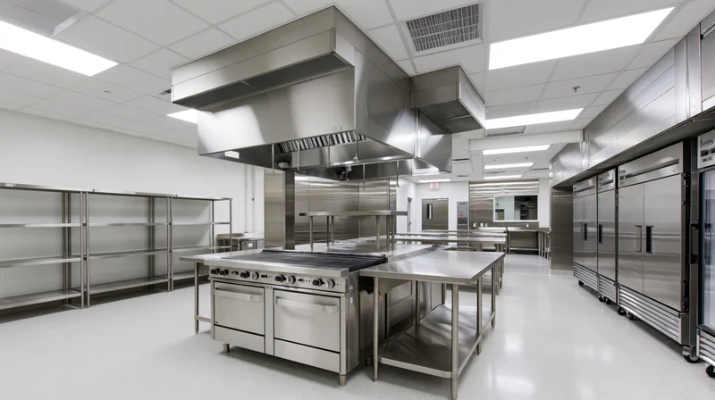 Empty commercial kitchen interior with stainless steel appliances and workstations