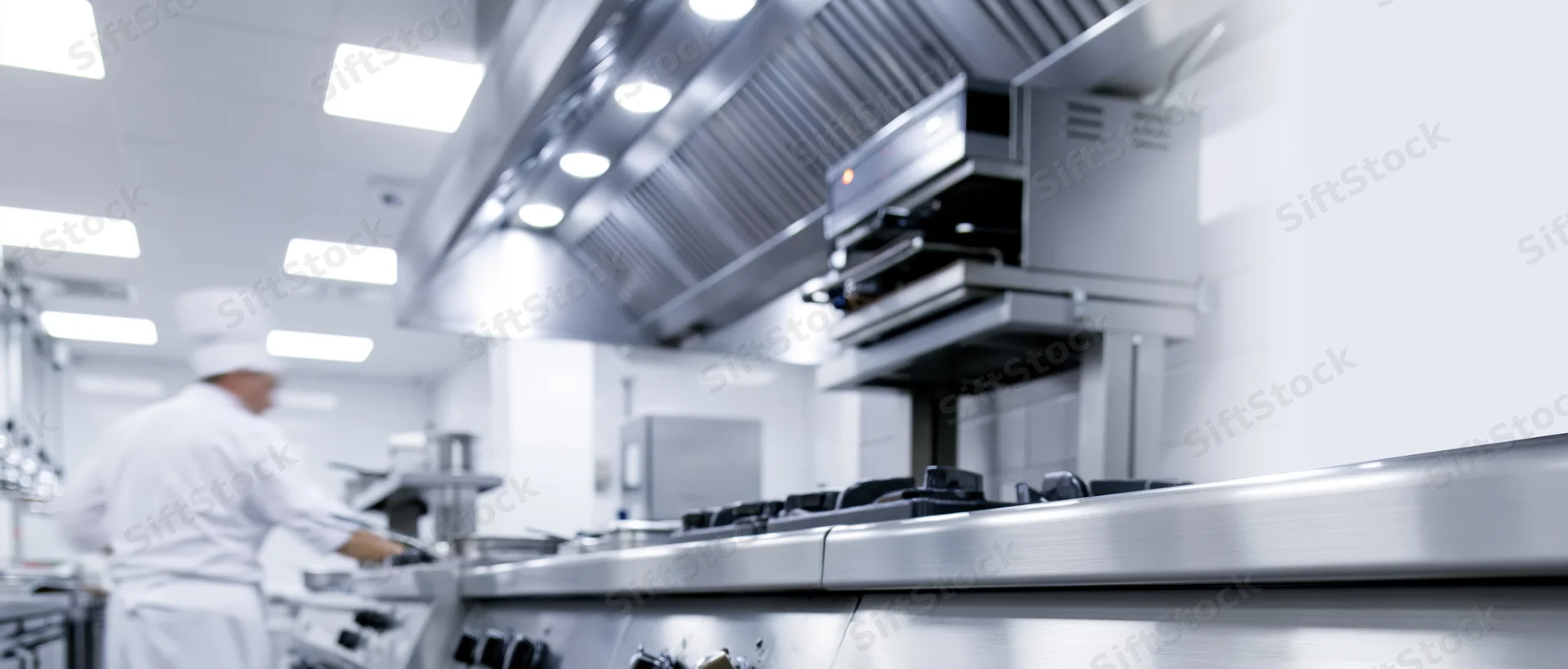 Chef working at stainless steel stove in commercial kitchen interior