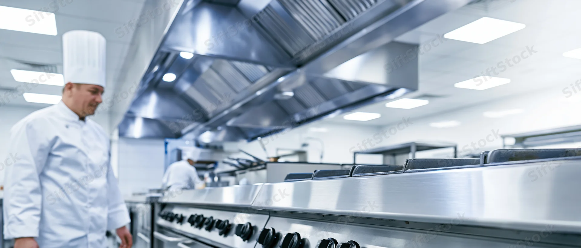 Chef in white uniform and toque standing in commercial kitchen with stainless steel stove and hood