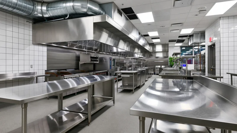 Empty commercial restaurant kitchen with stainless steel prep tables and ventilation system