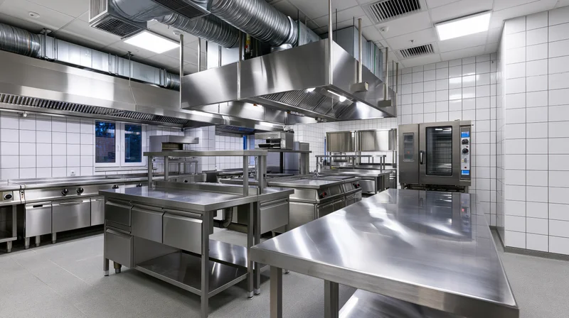 Empty commercial kitchen with stainless steel prep tables and cooking equipment