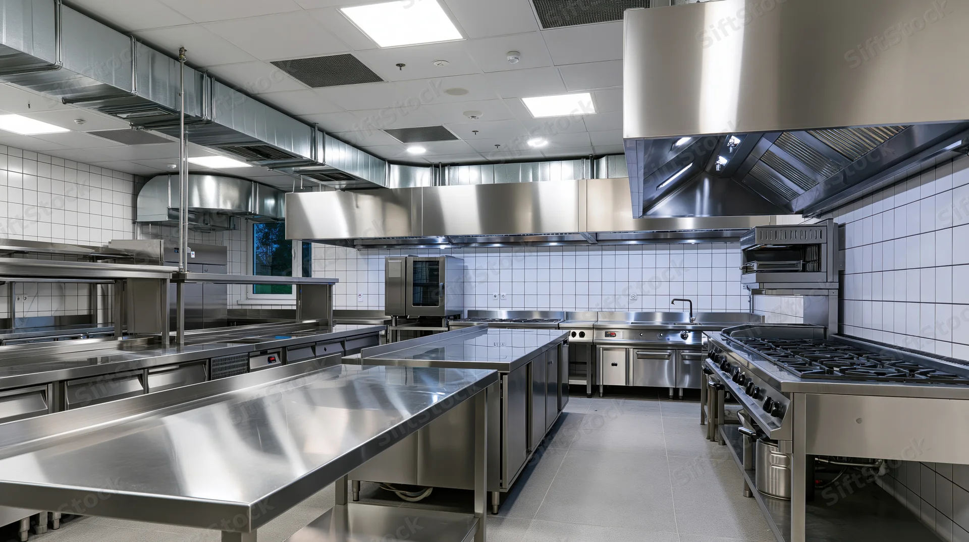 Empty commercial restaurant kitchen with stainless steel prep counters and cooking equipment