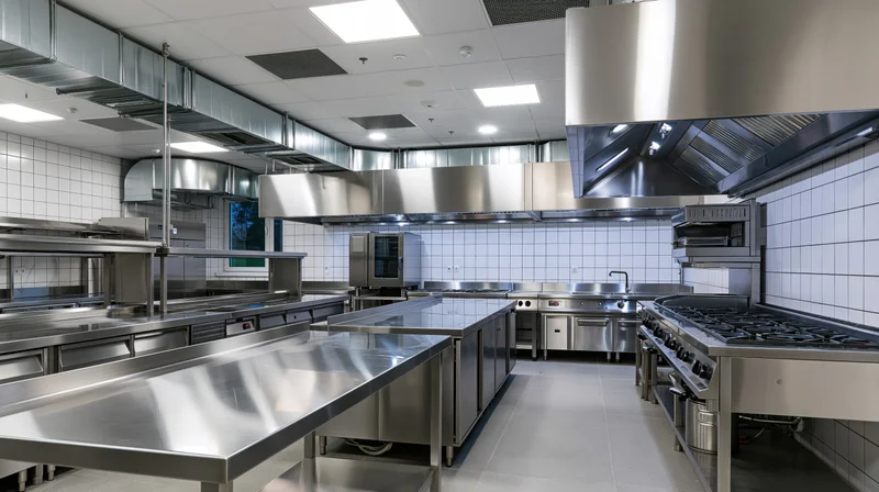 Empty commercial restaurant kitchen with stainless steel prep counters and cooking equipment
