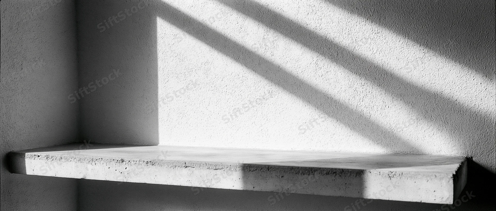 Empty concrete shelf in a corner against a textured plaster wall with diagonal shadows from sunlight