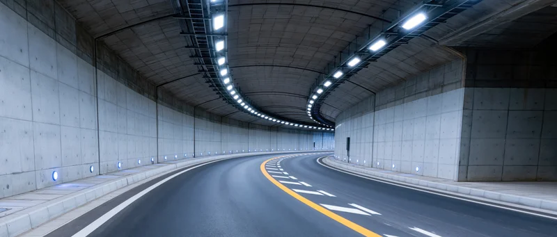 Curved empty highway tunnel with illuminated ceiling lights and lane markings