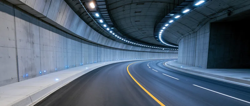 Empty curved highway tunnel with two lanes and illuminated ceiling lights
