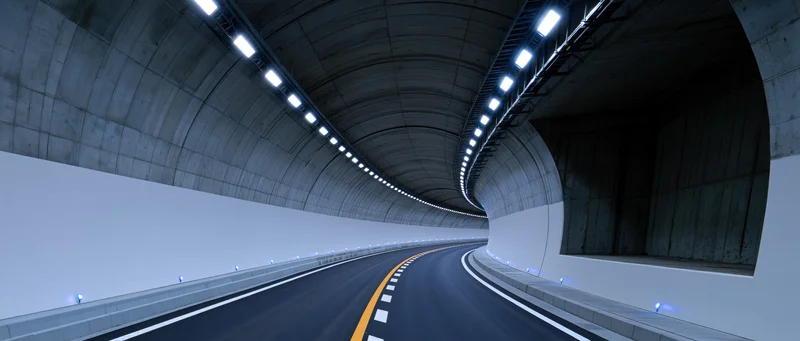 Curved empty highway tunnel interior with illuminated ceiling and lane markings
