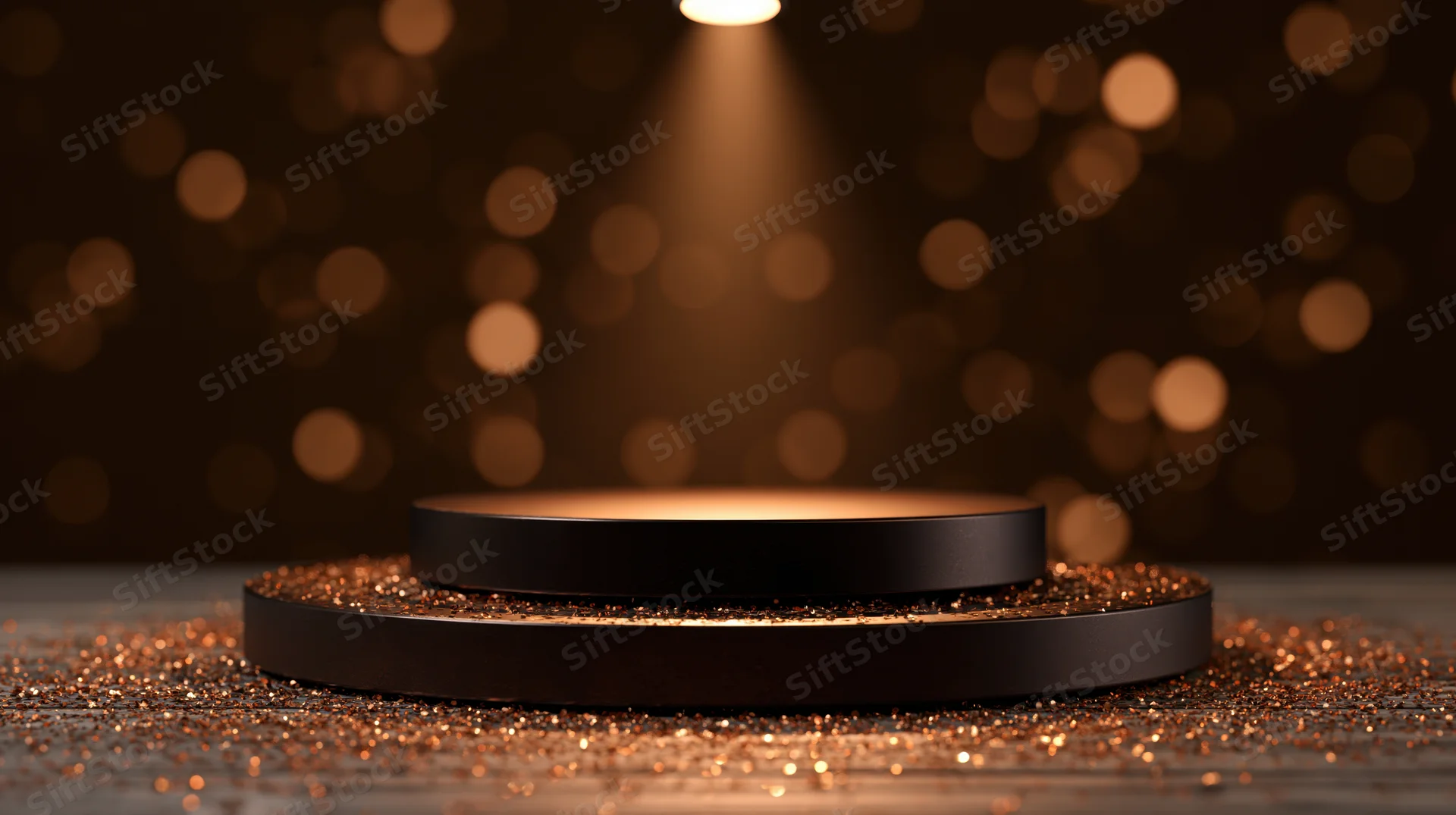 Two-tier black podium with golden glitter under spotlight on wooden floor
