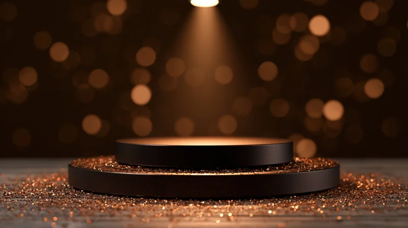 Two-tier black podium with golden glitter under spotlight on wooden floor