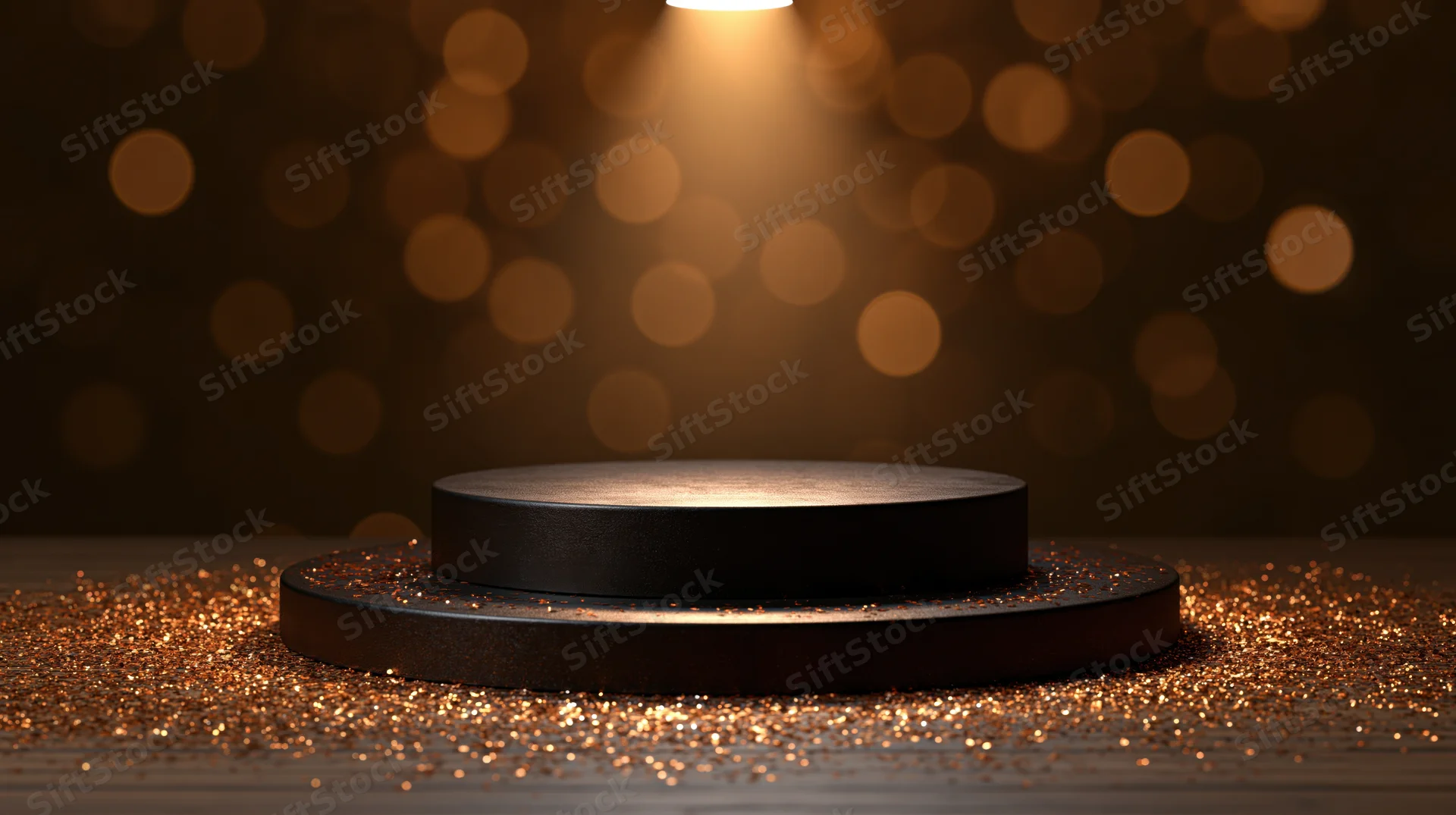 Two-tier dark bronze podium under spotlight on wooden floor with golden glitter and bokeh background