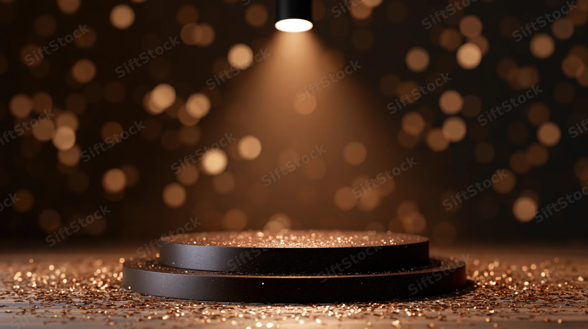 Two-tier black podium with gold glitter under spotlight on wooden floor with bokeh background