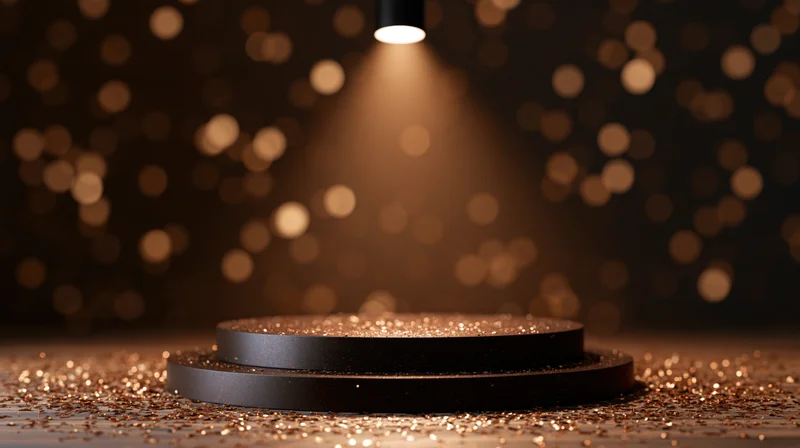 Two-tier black podium with gold glitter under spotlight on wooden floor with bokeh background