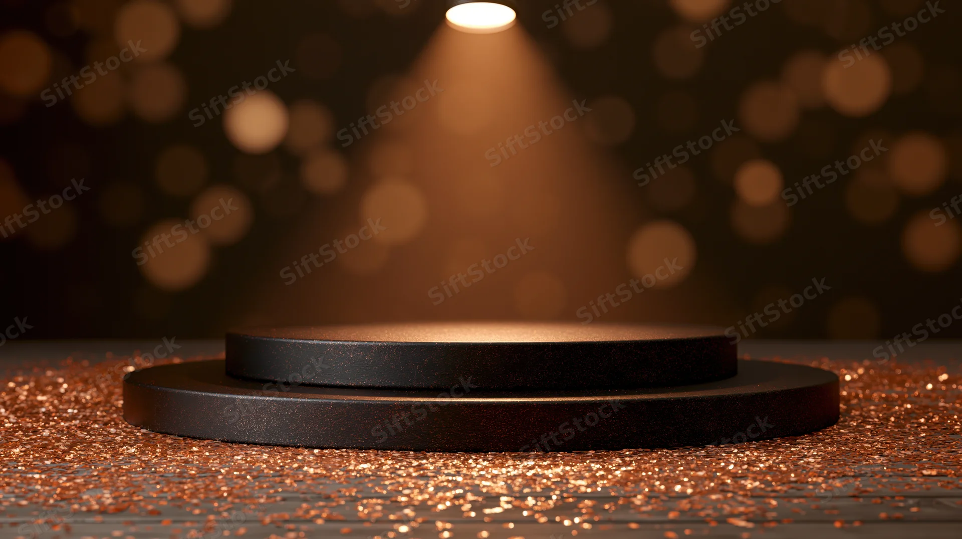 Dark bronze two-tier round podium under spotlight on wooden floor with glitter and bokeh background