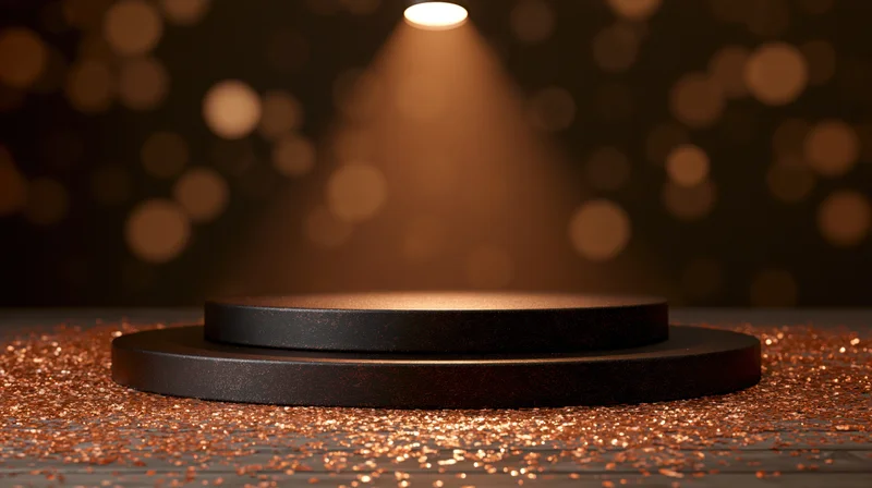 Dark bronze two-tier round podium under spotlight on wooden floor with glitter and bokeh background