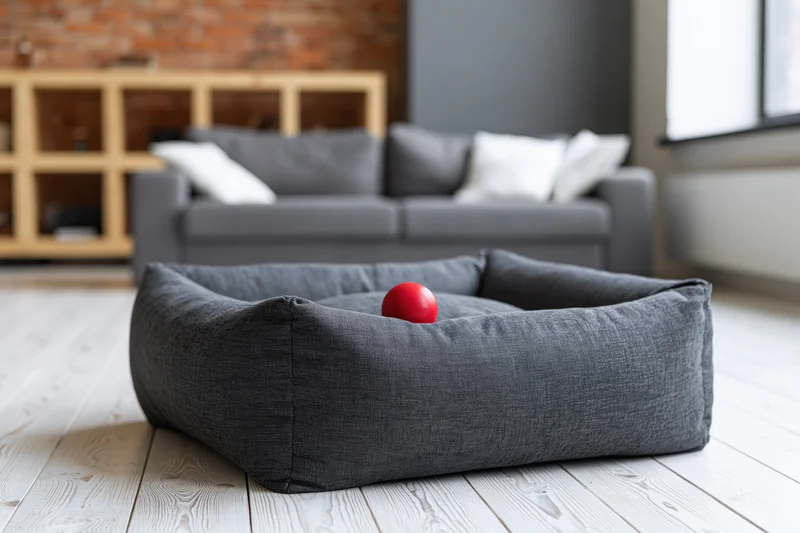 Dark grey fabric pet bed with red ball on wooden floor in living room