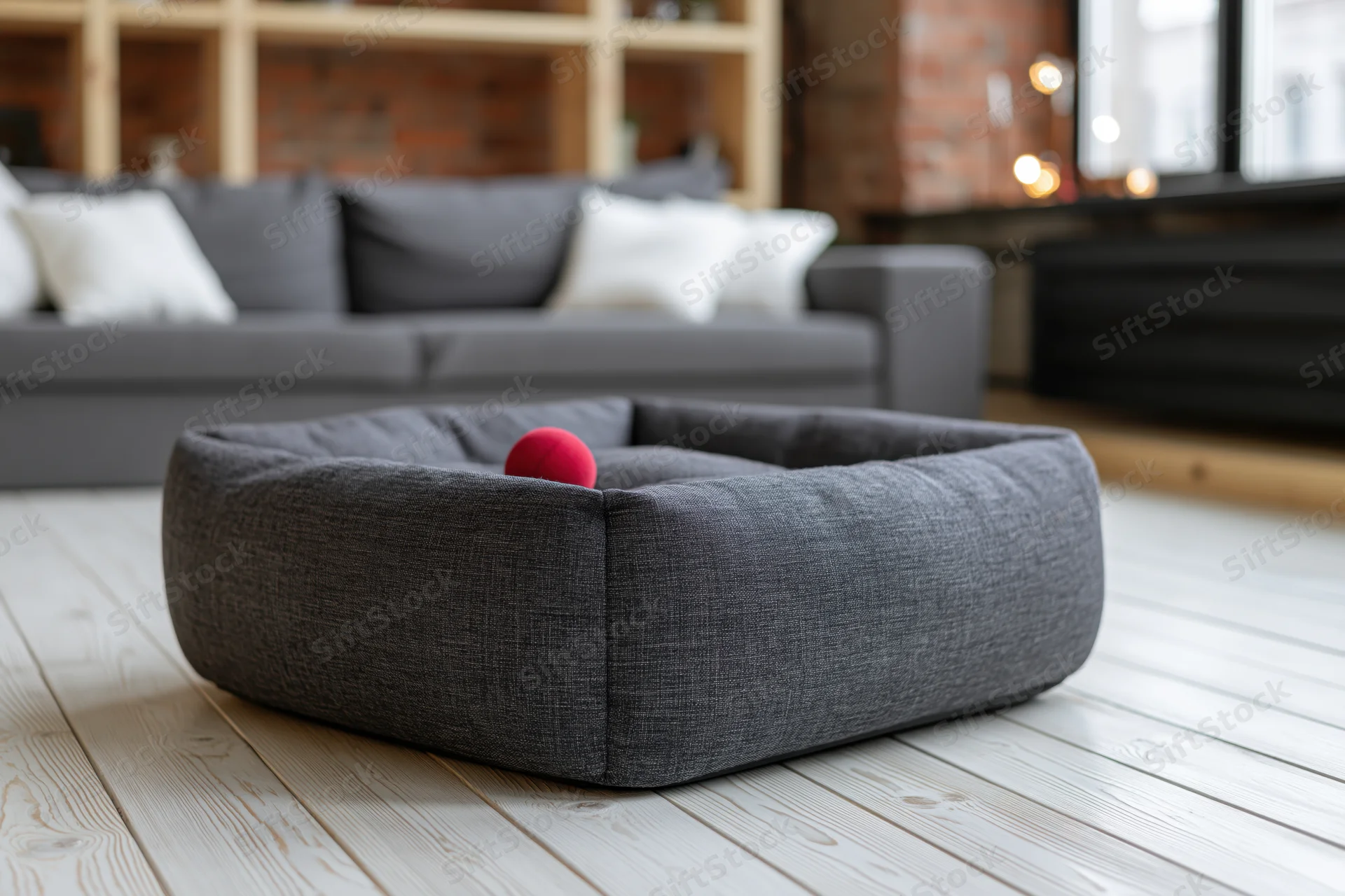 Dark grey fabric pet bed with red ball on wooden floor in living room