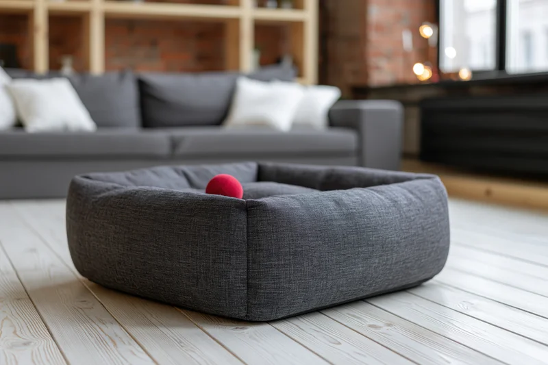 Dark grey fabric pet bed with red ball on wooden floor in living room