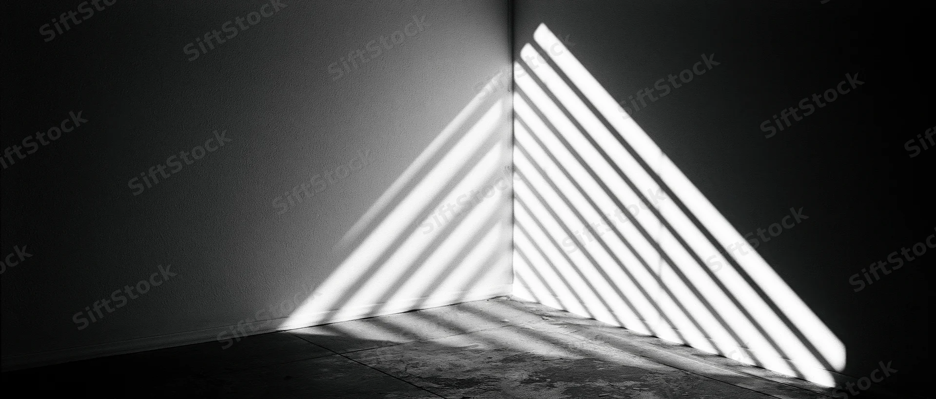 Diagonal light stripes from venetian blind cast on dark room corner wall and floor