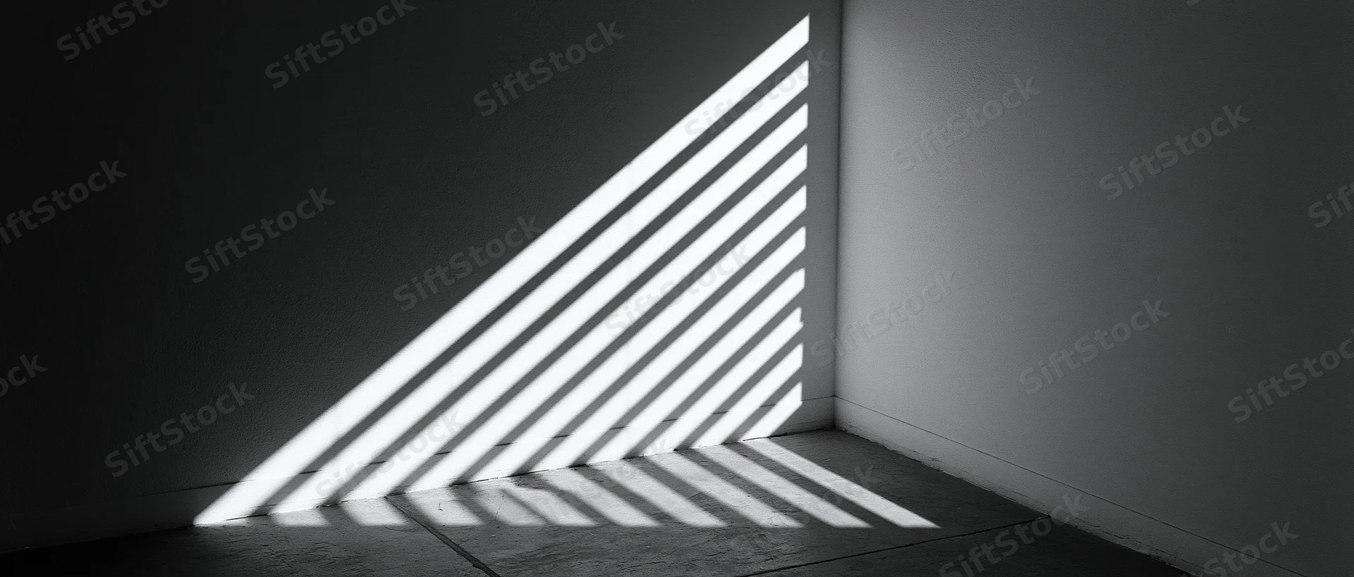 Diagonal light stripes from venetian blind cast on dark room corner wall and floor