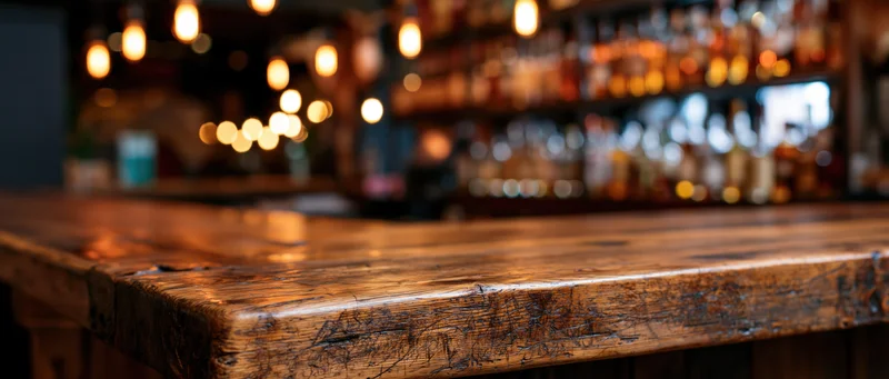 Dark wooden bar counter in sharp focus with blurred bottles and warm lights behind