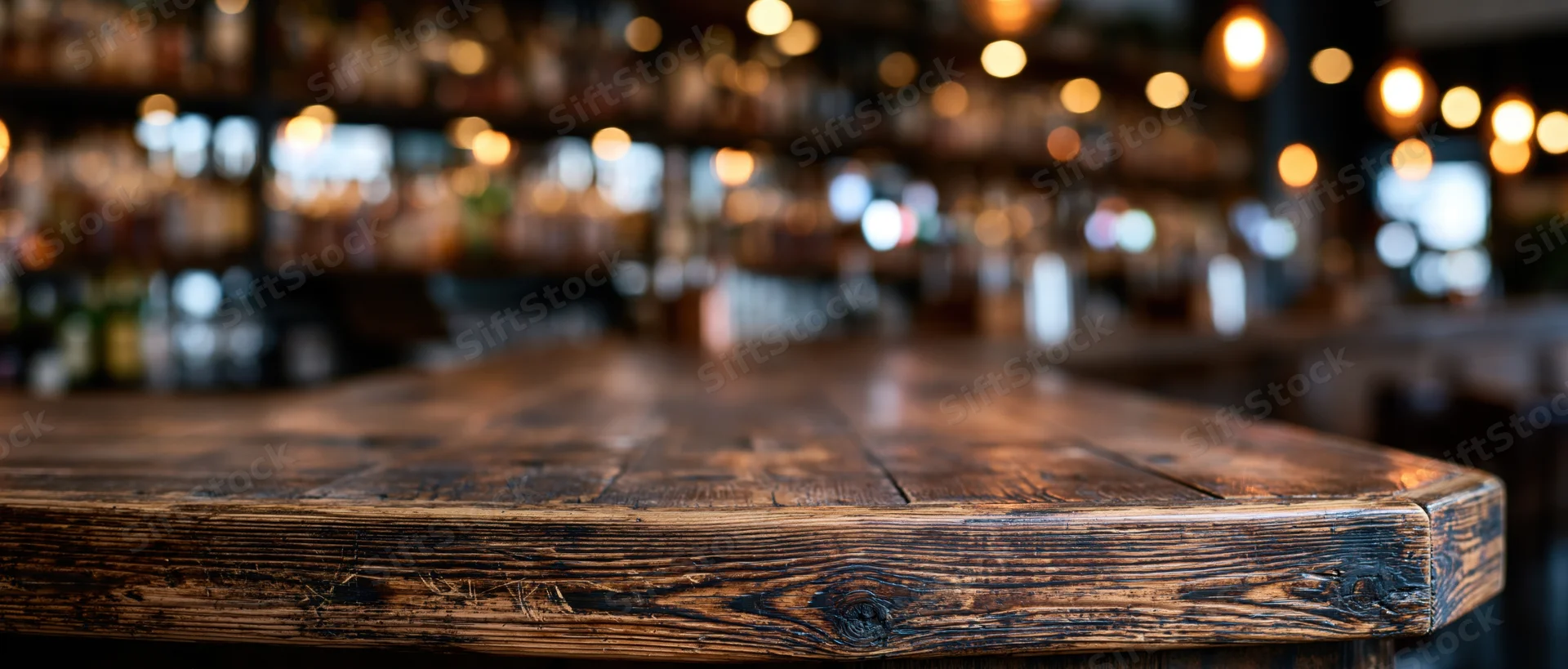 Dark wooden bar counter in sharp focus with blurred bottles and warm lights behind