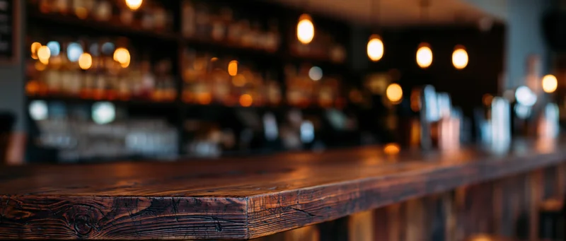 Dark wood bar counter in sharp focus with blurred background of bottles and pendant lights