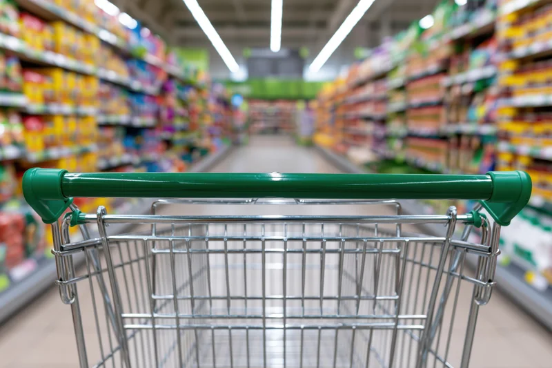 Empty metal shopping cart with green handle pushed down a supermarket aisle lined with product shelves