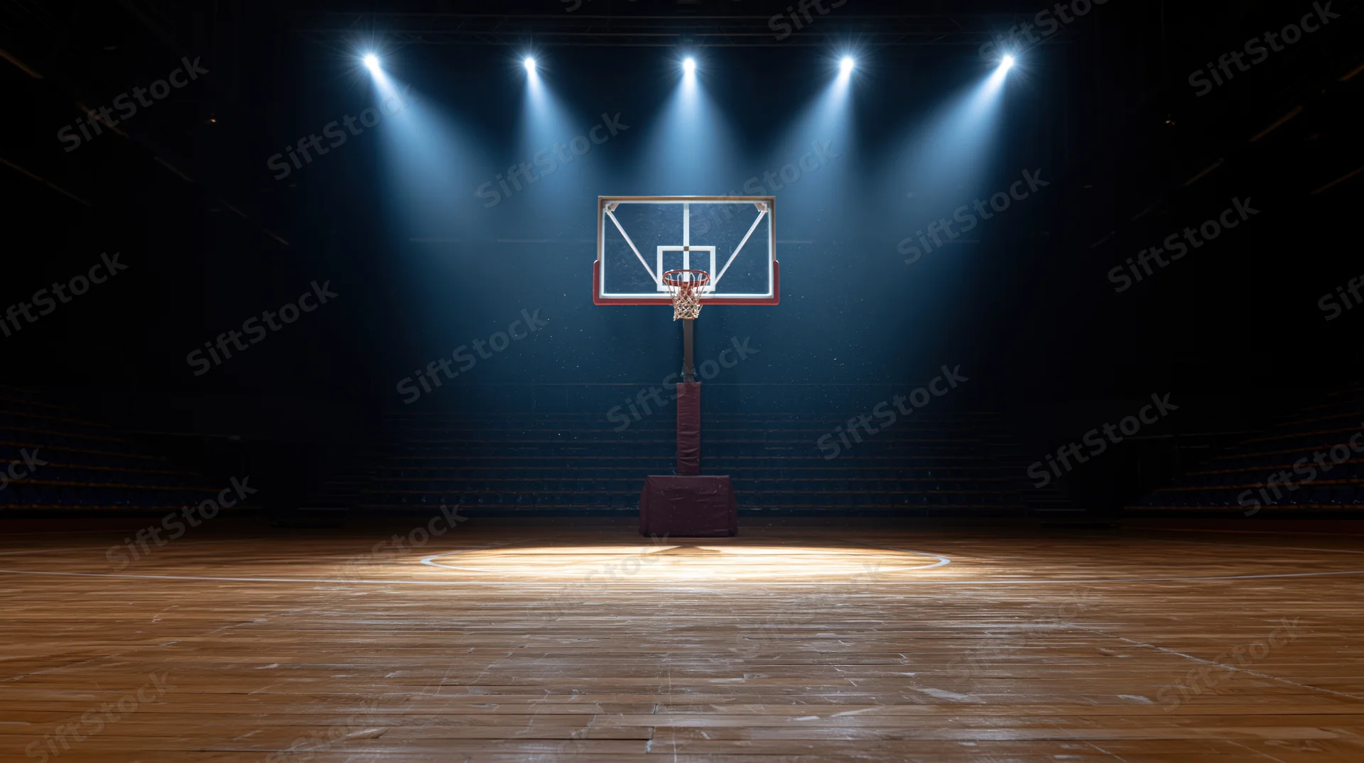 Empty indoor basketball court with single backboard illuminated by spotlights at night