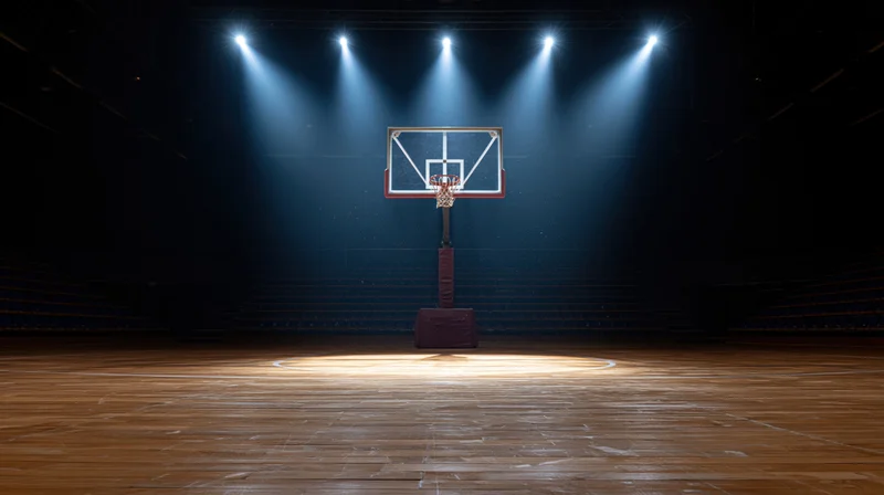 Empty indoor basketball court with single backboard illuminated by spotlights at night