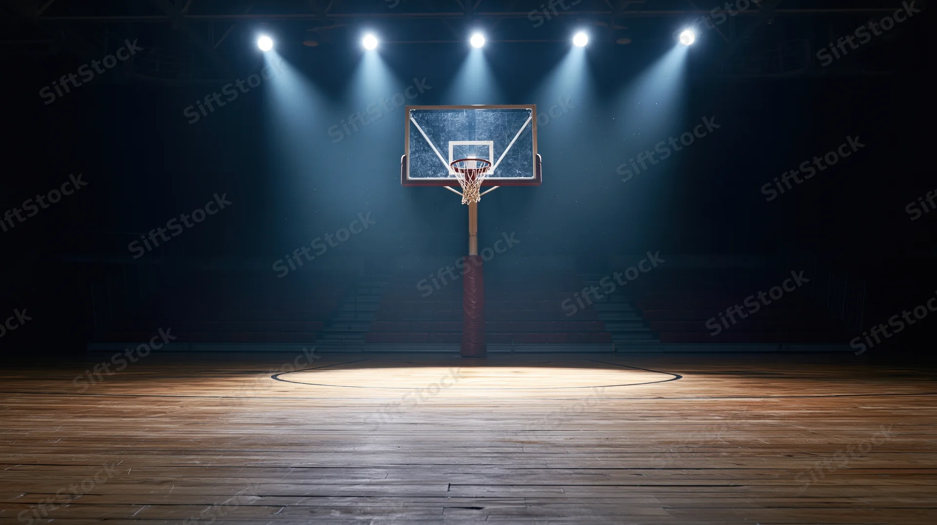 Empty indoor basketball court with single backboard illuminated by spotlights at night