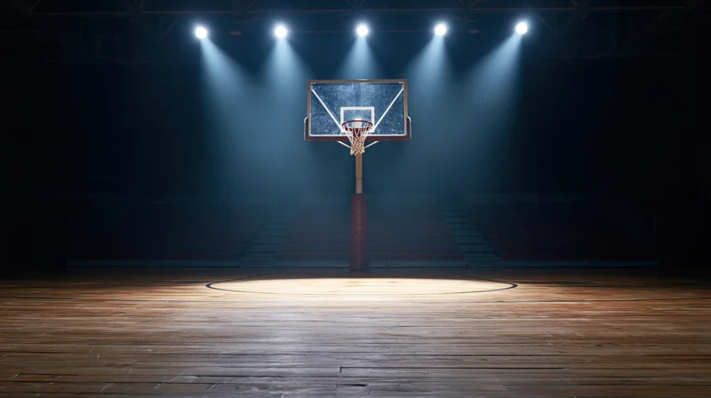 Empty indoor basketball court with single backboard illuminated by spotlights at night