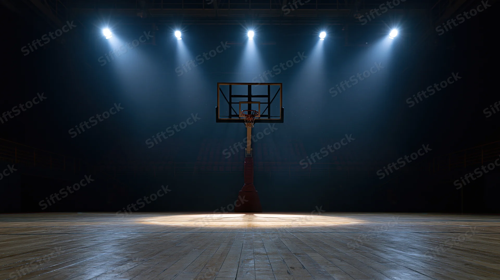 Basketball hoop illuminated by spotlights on an empty indoor court