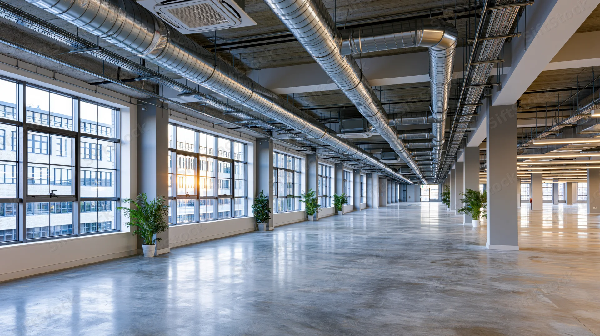Empty industrial building interior with exposed stainless steel ductwork and large windows