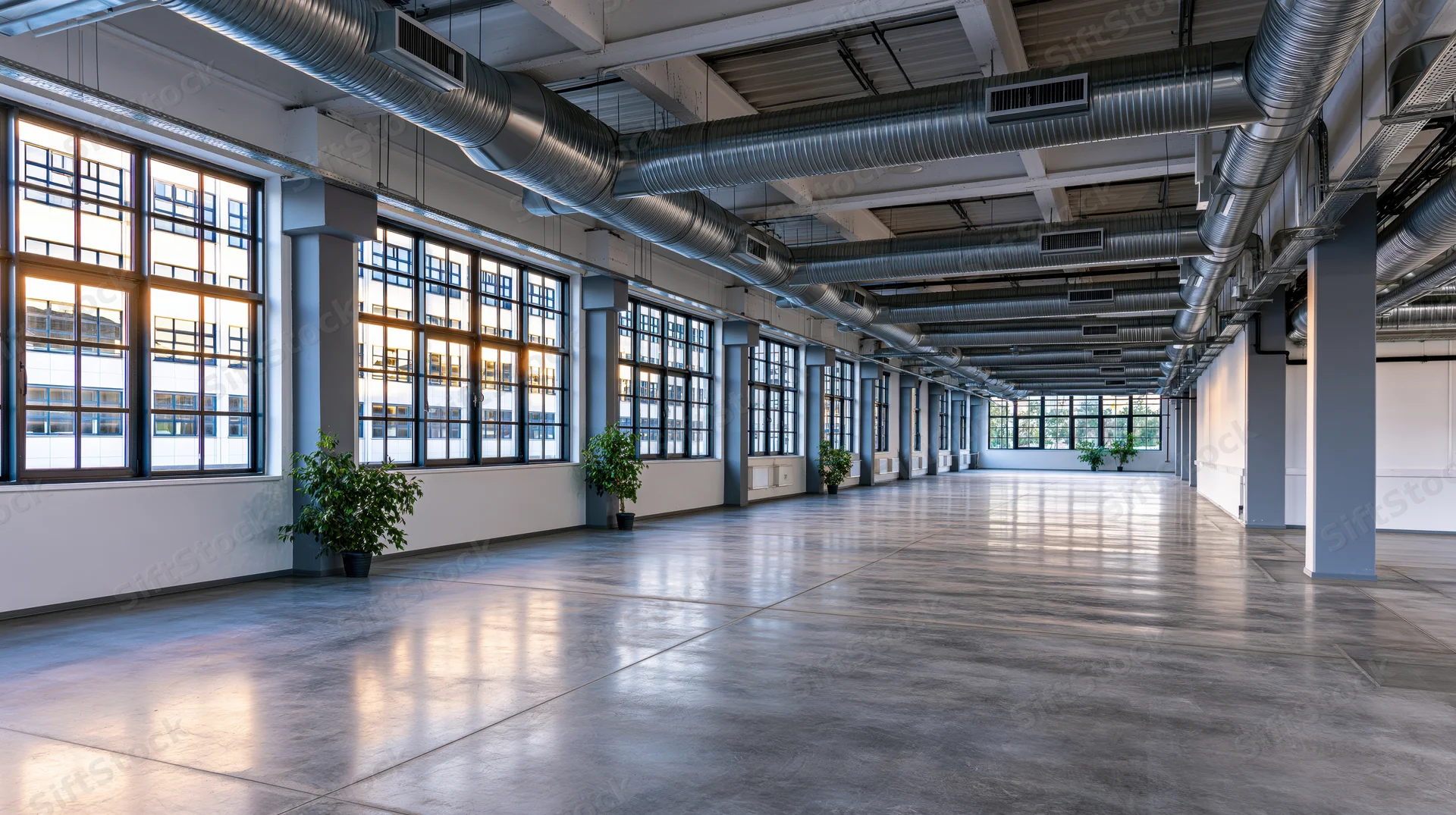 Empty industrial loft interior with exposed stainless steel ductwork and large windows letting in natural light